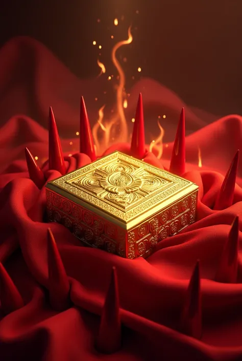 A square trinket made of gold on top of a red fabric filled with red nails and flares of fire