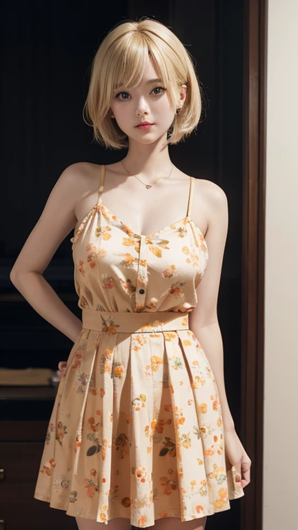 American girl Standing , short blonde hair , orange Single strap shirt thin flower pattern  , big breasts , look at the viewer , skirt