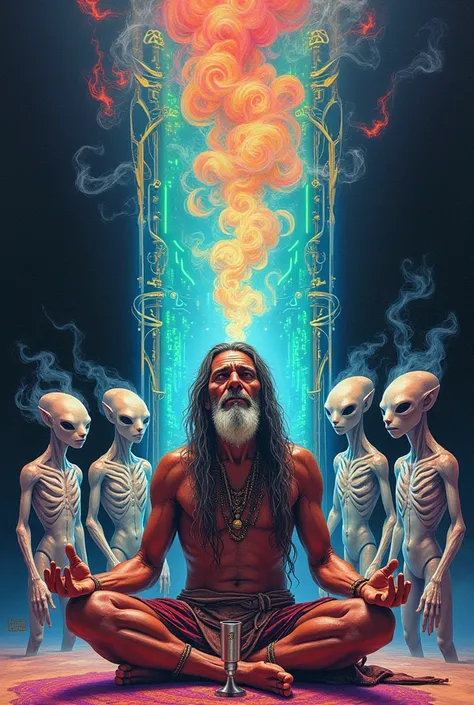  A shamanic Indian smoking a pipe and 5 aliens around him in front of a glazed computer with psychedelic colors coming out of the smoke, in drawing format 
Written on top 
Zheull - Shamanic Synth 155 