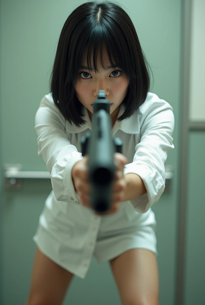  really beautiful and sweet、Japan white shirt、 Low Cut Miniskirt 、An office lady with big eyes standing and legs wide spread 、 holding a rifle 、 facing the front and aiming at you 。
