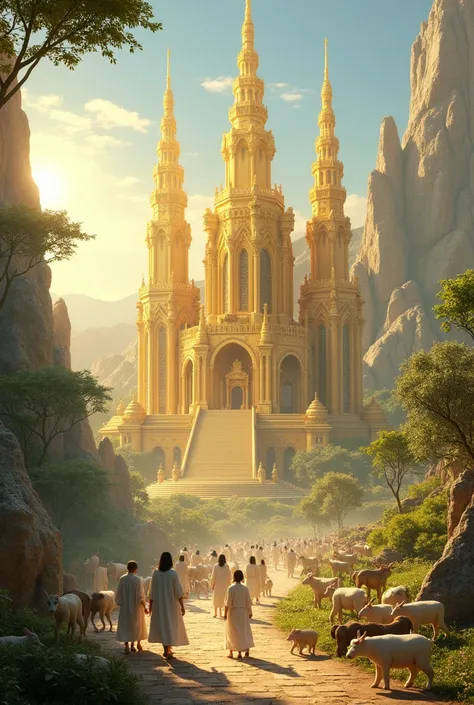 A golden city with people in white playing with animals 
