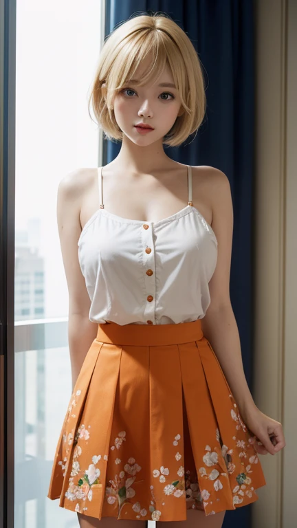 American girl Standing , short blonde hair , orange Single strap shirt thin flower pattern  , big breasts , look at the viewer , skirt