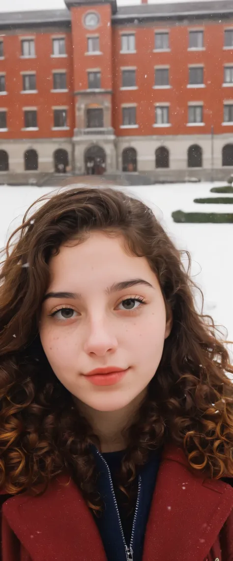 (indistinguishable from reality:1.4), 1girl, selfie, An half portrait of a beautiful 25 y.o New York Italian college student, (detailed facial features), (freckles:0.2), (acne:0.1), long thick luxurious curly hair, beautiful Jewish nose, shy smile, walking...