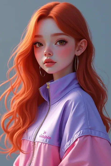 A girl with long red hair and wearing a half light lavander half pastel pink jacket that says “JO WILDFLOWER”