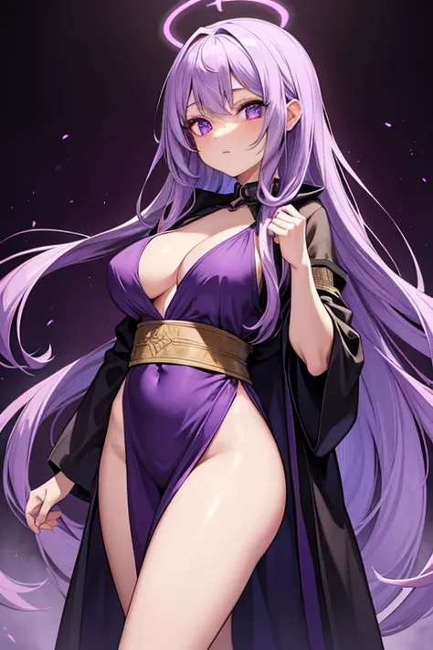  One Beautiful Girl 　Shows up to the waist　 light purple hair 　 long loosely wrapped hair 　Purple eyes　 No Emotion　black and purple robe 