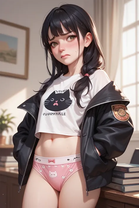  Young adult woman with long black hair and brown eyes with very effeminate facial features black jacket and white blouse  ,  very embarrassed because her pants fell to the floor revealing her pink underwear with a cat print  , She tries to cover her back ...