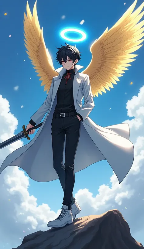 Anime boy black hair golden eyes toned and defined black top collar high collar black pants gray white shoes white trench coat with his two golden wings, sky blue halo and a black mask with crimson details Subindo uma montanha No meio de uma batalha com su...