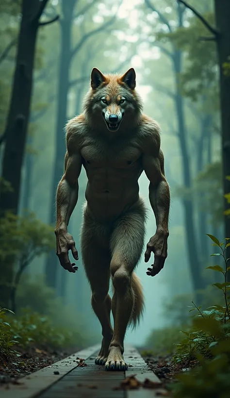 Creat a image humanoid animal for example man+wolf humanoid animal walking on the runway in dark green forest
