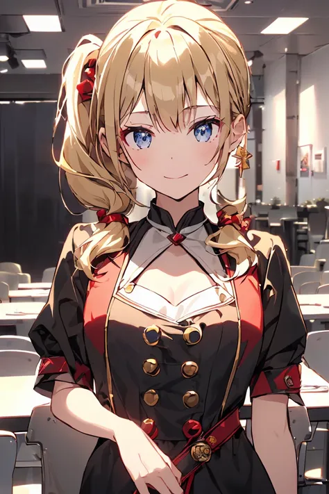 最 High Quality 、 highest image quality taken by Ki、​masterpiece、With a girl((18 years old、Black and red dress、 best bust 、、Blonde、poneyTail、silverblue Eyes 、 open their chest wide 、 On、happiness、smile、 gold accessories 、I&#39;m a little drunk、 wine glass、s...