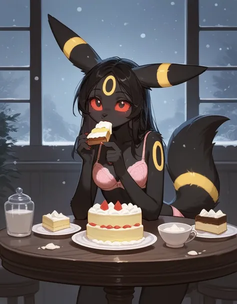 Alone, score_9,score_8_up,score_7_up, rating_safe, anthro female umbreon, red sclera, black eyes, pink bra, pink panties, indoors, snowing, night, sitting, table, eating a cake.