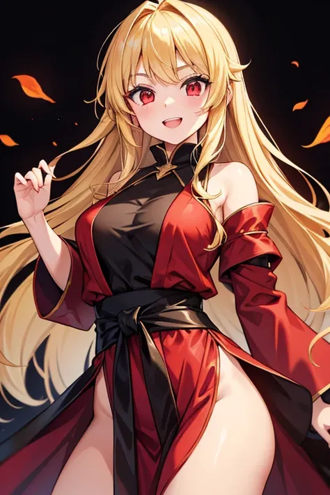  One Beautiful Girl 　Shows up to the waist　 short　Baby Face　 Golden Hair 　Blonde　 long hair　 princess cut　Red eyes　Double teeth　smile black and red robe