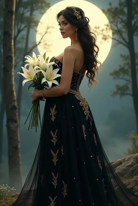 A very beautiful and fat woman , in a beautiful black dress with gold details carrying a bouquet of white lilies in the moonlight