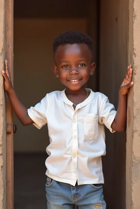 there is a young boy standing in front of a door, a picture by Ingrida Kadaka, instagram, hurufiyya, hi mark ( akwaaba tommy ), 4yr old, a handsome, with a happy expression, marvelous expression, , , four years old, edward buba, riyahd cassiem, screensaver