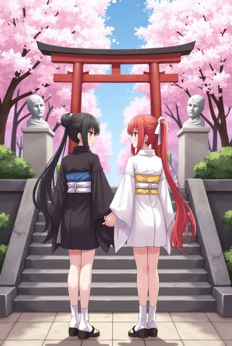 ((masterpiece,best quality)),2girls, black kimono, black legwear, black ribbon, black hair, cherry blossoms, day, flower, hair bun, hair ribbon, japanese clothes, kimono, long hair, looking at viewer, looking back , multiple girls, belts, outdoors, red eye...