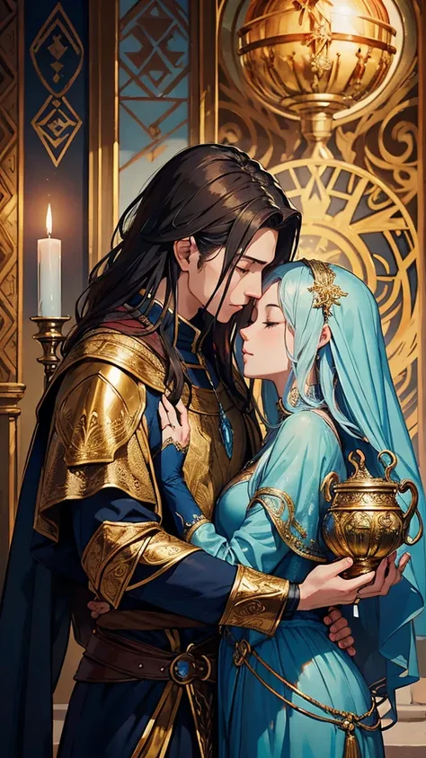 "Illustration in a medieval fantasy style with a realistic touch. Two figures, a man and a woman, stand facing each other in the center of the image, each holding an ornate golden chalice in one hand. The chalices are identical, adorned with intricate medi...