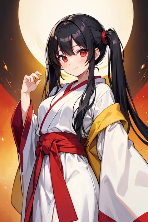  One Beautiful Girl 　Shows up to the waist　 black hair　 black hair　 long hair　 Twin Tails 　Red eyes　drawable smile yellow and white robe