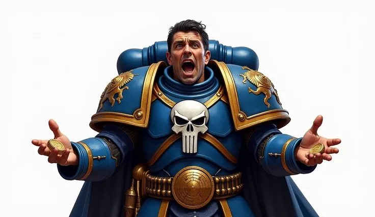 Ultramarine warrior warhammer 40000 ,  gold coins in his hands are standing in full length on a white background ,  in combat armor on his chest symbol white skull, face open,  middle-aged man with dark hair 