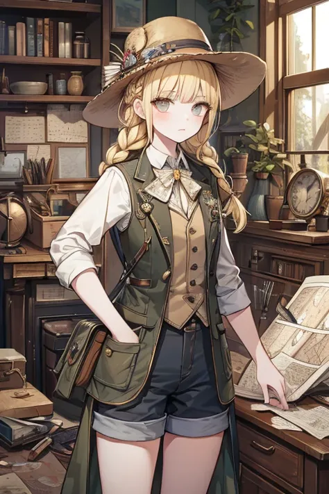 masterpiece, highest quality, Very detailed, 16k, Ultra-high resolution, Cowboy Shot, One  girl, Detailed face, Perfect Fingers, Golden Eyes, Blonde, Braid, A vest with many pockets, Shorts, Exploring knife, Safari Hat, compass, telescope, map, A cluttered...