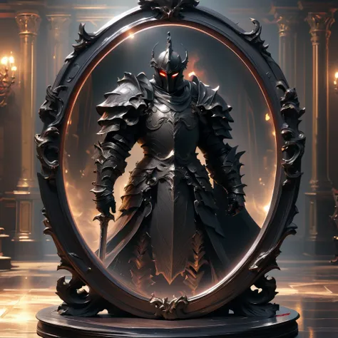  top quality , masterpiece,  super high resolution , (Photo realistic:1.4),  Dark Soul Boss ,whole body、knight、Have a mirror、large oval mirror