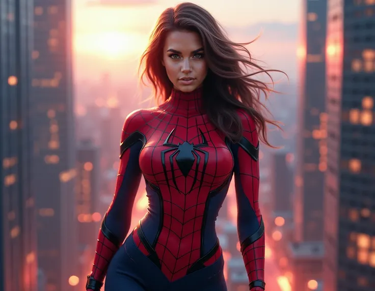 a woman in a tight spiderman-like bodysuit, beautiful detailed eyes, beautiful detailed lips, extremely detailed face and skin, mesmerizing facial expression, dynamic pose, city background with skyscrapers, beautiful detailed shadows and lighting, cinemati...