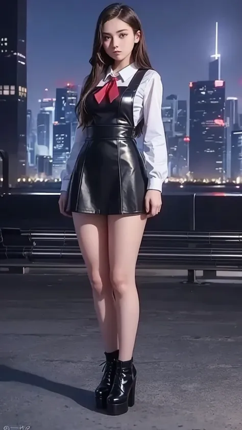 full body , fitted figure , cute beautiful schoogirl, beautiful cute  teen face with big lips , High Waisted black leather skater pinafore dress, blouse short puffy sleeves , High Waisted black leather skater pinafore dress, red pioneer neckerchief , brune...