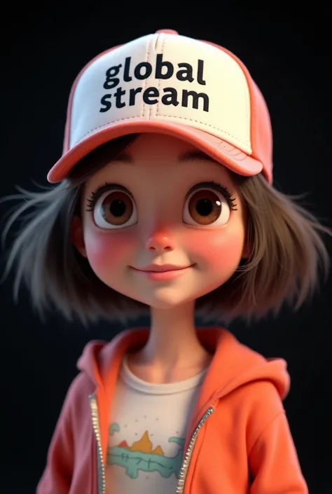 Animated white girl wearing a cap that says Global Stream with a black background