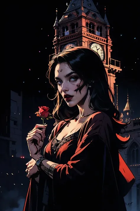 ((Masterpiece)), artistic, 8k, 12K, Horror,  grim Reaper,  beautiful women, Alone, Robe, Food up, Add a clock tower with a bell in the background ,  many black roses blooming in the background,  black background, Black Aura, {scull designed mask covers on ...