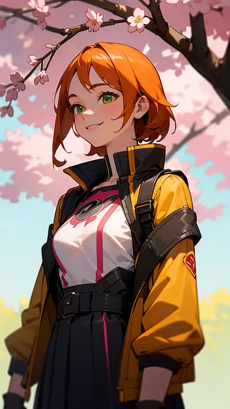 ( top quality 、 super detailed 、 reality)、 energetic girl 、 high school girl、 small breasts、 jacket、 orange hair、Green eyes、 shortcuts、 from the side、gloves、 bright smile、Standing in front of a street tree 、 upper body closeup 、Sakura Park、 sharp outline 