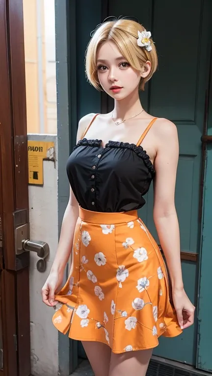 American girl Standing , short blonde hair , orange Single strap thin flower pattern , big breasts , look at the viewer , skirt