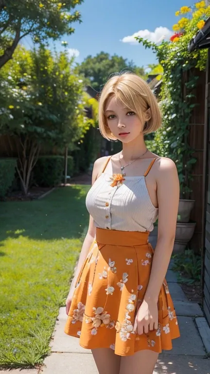 American girl Standing , short blonde hair , orange Single strap thin flower pattern , big breasts , look at the viewer , skirt