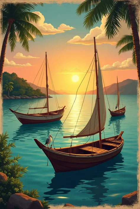 Vintage Trinidad scenery  with the sea and the sunset, showing fishing boats