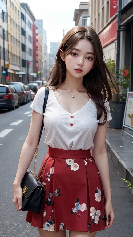 American girl Standing , red Single strap thin flower pattern , big breasts , look at the viewer , skirt