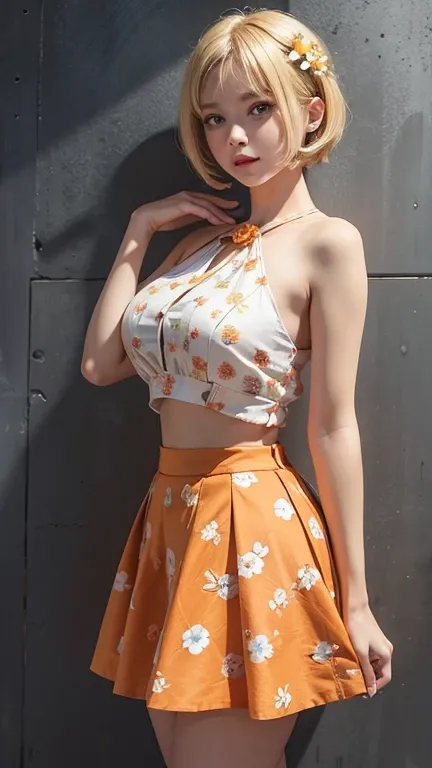 American girl Standing , short blonde hair , orange Single strap thin flower pattern , big breasts , look at the viewer , skirt