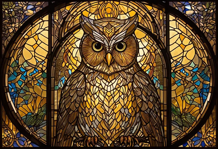  owl under guard  stained glass  window,  vector art by Matt Stewart, シャッターストック, Art Deco, glowing  stained glass アート backdrop, golden twilight  stained glass ,  stained glass  art, backlit  stained glass ,  owl under guard, anthropomorphic Penguin,  stain...