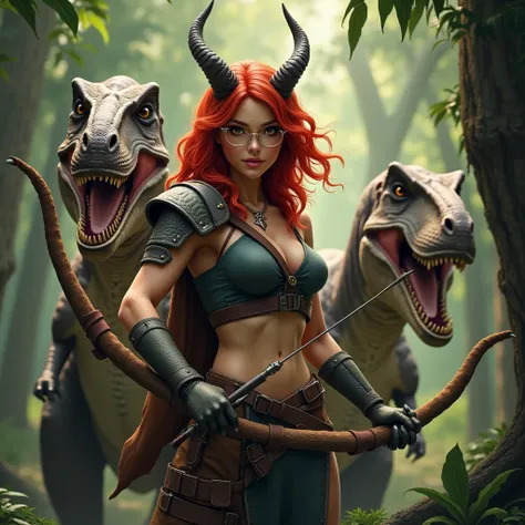 A valiant human female hunter with vibrant red hair and an alluring figure, adorned with stylish rimless glasses that speak of her intelligence and courage. Medium-length dragon horns grace her head, lending an air of mystique to her presence. She wields a...