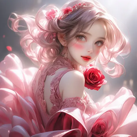 multiple exposure, masterpiece:1.2, highest quality, highres, 16k, beautiful detailed, ultra-realistic, photo realistic:1.37, beautiful and cute girl, dancing flamenco, holding a single rose in her mouth, growing glay eyes, shining pupils, blushed cheek, s...