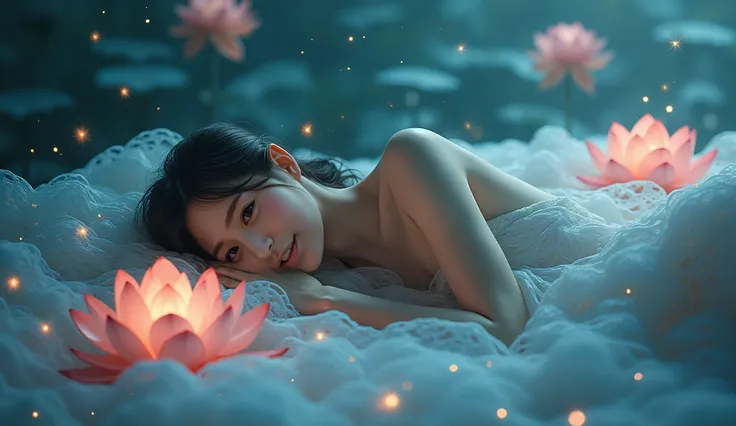 high resolution, Super detailed, (1 girl:1.3),（lotus），Dynamic light wavesBREAK sunlight, reverberation, Experimental photography, surreal contrast, Eye-catching visuals, Artistic abstraction, She sleeps like a baby, Busy Asian mode, 
Break the art of cutti...