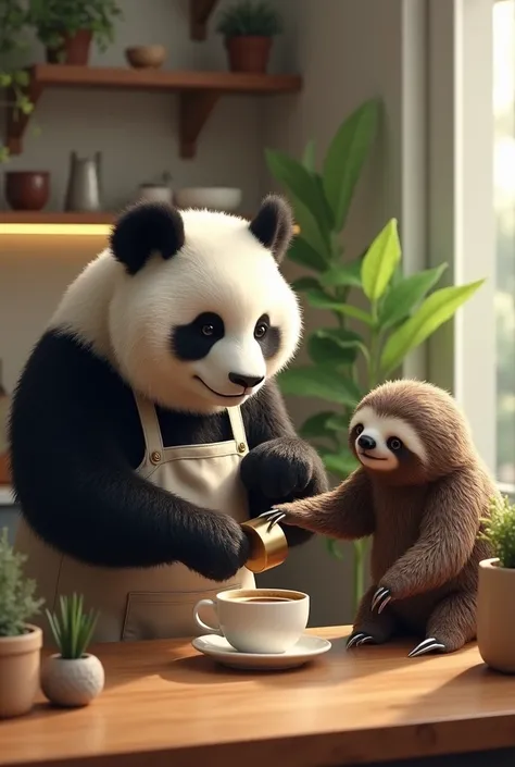 A panda makes specialty coffee with a sloth 