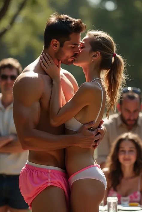 Muscular male model in pink thong kisses a young tennis player on the mouth at a family reunion.  Anatomically correct ,  The best quality , Detail, Details altos,   Masterpiece ,   high resolution, 