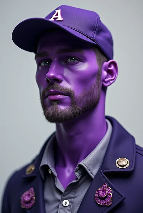 Create me a husband but a purple guy , without a beard and instead of an m in his cap its an A