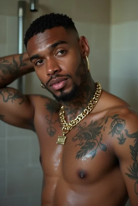 a natural Dominican light-skinned male with tattoos, black realistic waves fade cut, medium goatee beard, medium-sized muscles, strong chin,Grills,wearing a custom chain saying NIKO, standing in a shower with his arm behind his head witwater dripping off h...