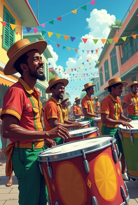 Vintage Trinidad Ians playing steelpans in carnival time. Use anime images