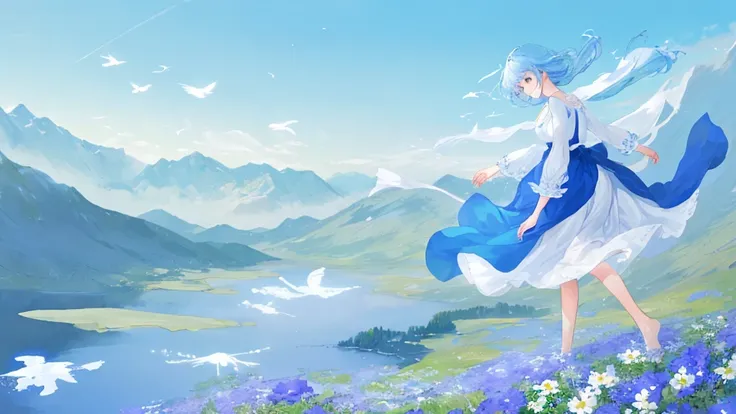 A boundless, infinite blue sky with a faint blue bird hovering gently in the distance, its wings scattering soft particles of light into the air. The figure of a lone person is running in a vast meadow, their silhouette representing a sense of longing and ...