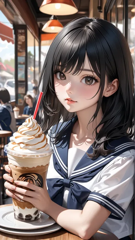 ultra-realism,   black hair,   A high school girl is wearing a sailor suit and drinking a frappuccino at a cafe