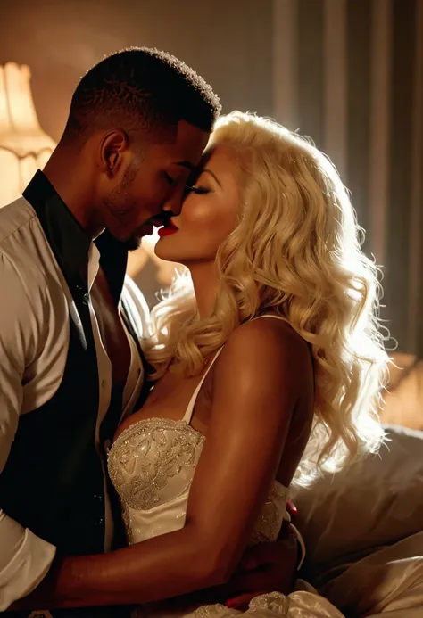 Charles Michael Davis and Christina Aguilera share a steamy and passionate kiss inside a bedroom lit only by candlelight. Both look happy and in love with each other. Both are clothed lightly for the bedroom. Christina has lovely makeup on her face. Christ...