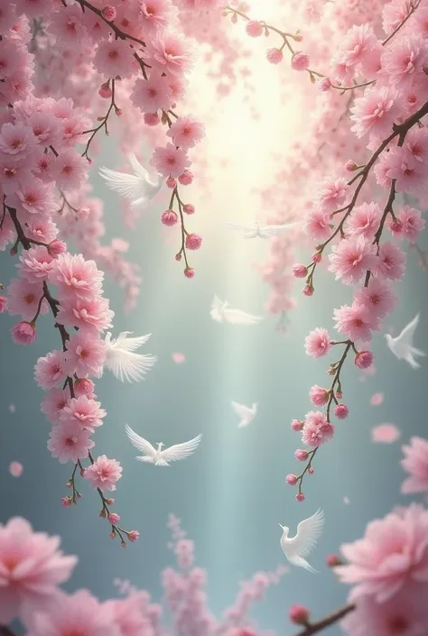 Pink flowers falling with white angel feathers