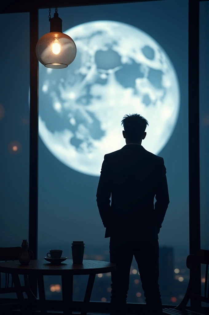 A man with his back to the camera close up next to a small table and a cup of coffee a realistic 4k white full moon background