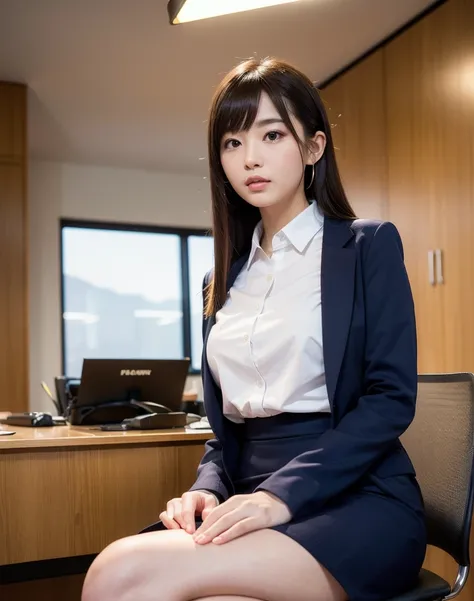 (4k, RAW photo, best quality, masterpiece:1.2),ultra high res,(photo realistic:1.2),High detail RAW color photo,professional photograph,(realistic, photo realistic:1.4),((best quality)),japanese girl,pencil skirt,suit,looking at viewer,sitting,in office,