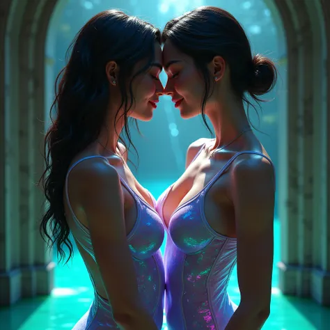 very erotic very sensual very lustful daytime scene, Very beautiful portrait, real photo, 20 year old very innocent supermodel, (Two beautiful 20 year old American girls:1.6),(They are erotically kissing each other:1.2), (((see through Detailed iridescent ...