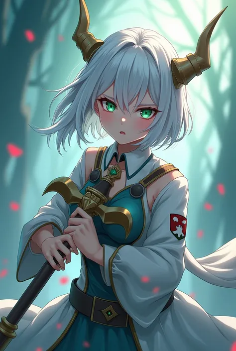 make me a picture of a white-haired anime girl with green-red eye pupils . using a god artifact harness and with her right hand she holds the legendary sickle weapon